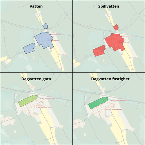 Karta över Algutsboda verksamhetsområden. Vatten är ljusblå färg, spillvatten är röd färg, dagvatten gata är ljusgrön och dagvatten fastighet är mörkgrön färg.