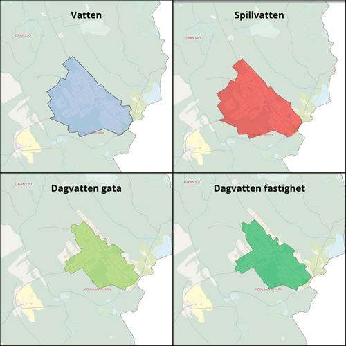 Karta över Boda Glasbruk verksamhetsområden. Vatten är ljusblå färg, spillvatten är röd färg, dagvatten gata är ljusgrön och dagvatten fastighet är mörkgrön färg.