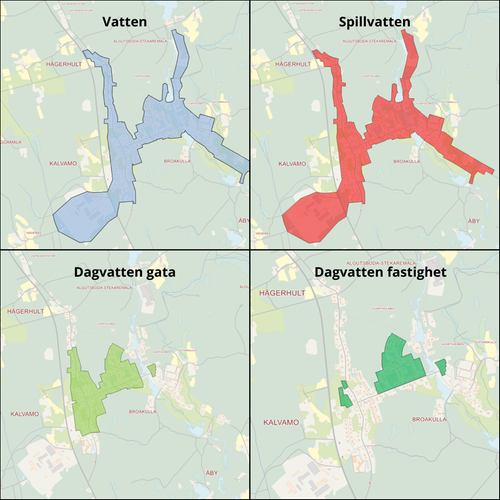 Karta över Broakulla och Johansfors verksamhetsområden. Vatten är ljusblå färg, spillvatten är röd färg, dagvatten gata är ljusgrön och dagvatten fastighet är mörkgrön färg.