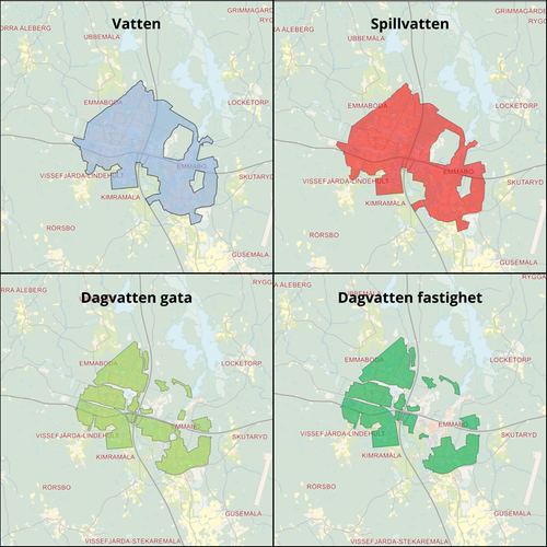 Karta över Emmaboda och Lindås verksamhetsområden. Vatten är ljusblå färg, spillvatten är röd färg, dagvatten gata är ljusgrön och dagvatten fastighet är mörkgrön färg.