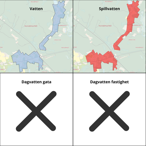Karta över Eriksmåla och Åfors verksamhetsområden. Vatten är ljusblå färg, spillvatten är röd färg, dagvatten gata och dagvatten fastighet är ett stort svart kryss. 