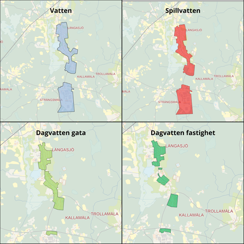 Karta över Långasjö verksamhetsområden. Vatten är ljusblå färg, spillvatten är röd färg, dagvatten gata är ljusgrön och dagvatten fastighet är mörkgrön färg.