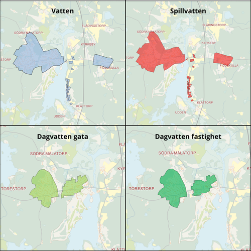 Karta över Vissefjärda verksamhetsområden. Vatten är ljusblå färg, spillvatten är röd färg, dagvatten gata är ljusgrön och dagvatten fastighet är mörkgrön färg.